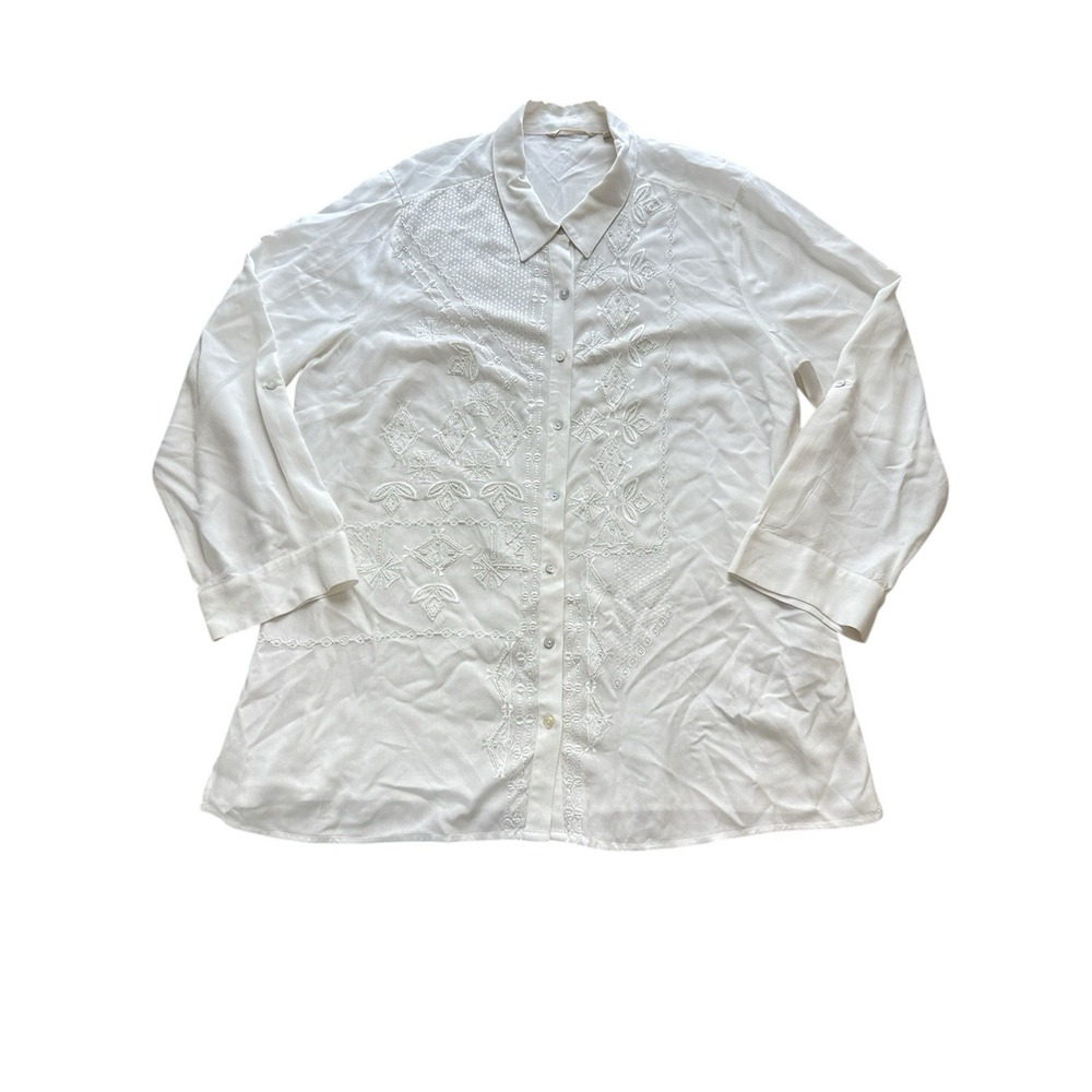 Soft Surroundings Beaded Top Womens‎ 1X White Embroidered Blouse Shirt Button Up